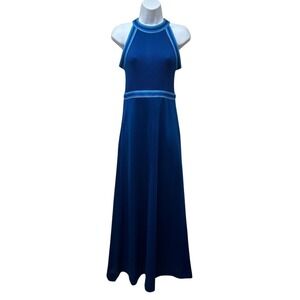 VINTAGE Blue Stretch Knit Nylon MAXI Dress Sleeveless Retro Full Skirt Size S